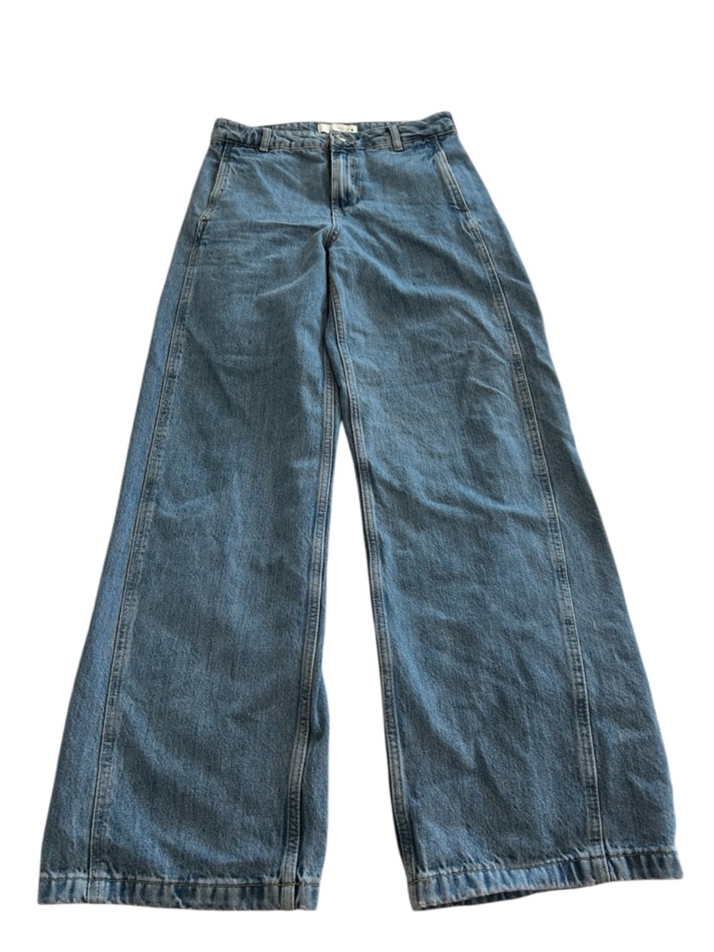 Zara High Rise Wide-Leg Jeans with front seam in Medium Blue Denim